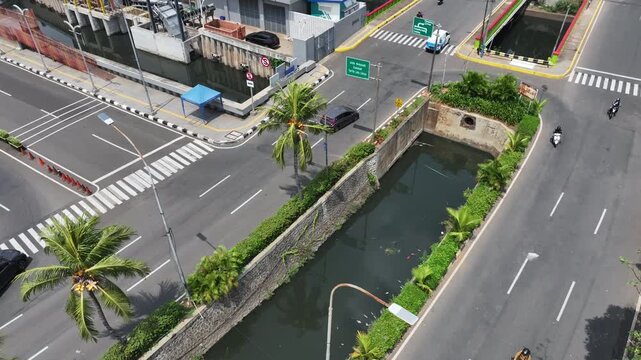 Aerial view of treatment facilities. Pumping stations and stream cleaning. Industrial and municipal water treatment for large cities. For circular sedimentation tanks. And flood control.