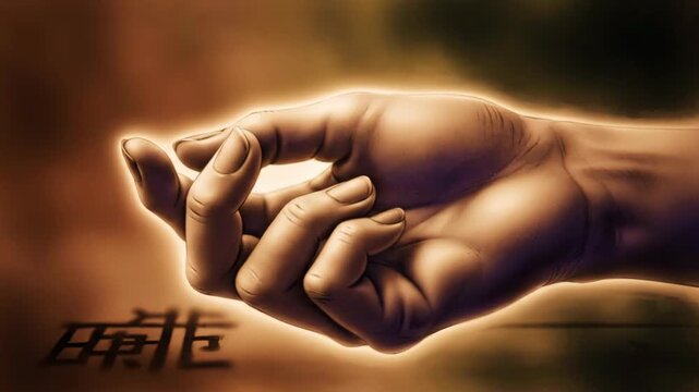 Hand in Gyan mudra pose, glowing with soft light, meditation symbol