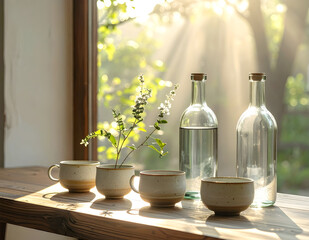 Glass bottles and ceramic cups arranged aesthetically on wooden table with sunlight, minimal eco-friendly composition