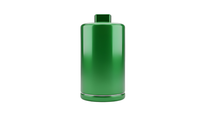 3d icon of green glossy battery with full charge isolated on transparent background, symbolizing energy and power