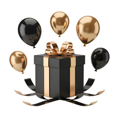 Elegant 3D black gift box wrapped in gold ribbon with floating black and metallic gold balloons isolated on transparent background