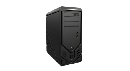 3d icon of black computer tower case with front panel ports isolated on transparent background for desktop pc