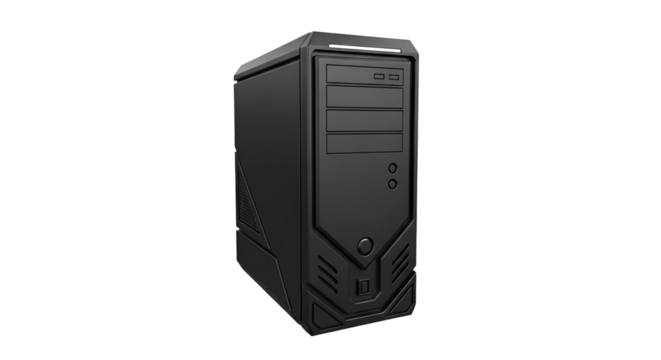 3d icon of black computer tower case with front panel ports isolated on transparent background for desktop pc