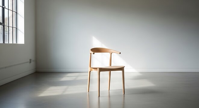 Minimalist Wooden Chair Modern Interior Design Furniture Simplicity Empty Room Natural Light Contemporary Style Clean Aesthetics