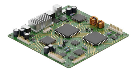3d icon of closeup of a green circuit board with various electronic components isolated on transparent background
