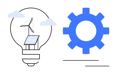 Solar panel, wind turbine inside a light bulb with clouds, and blue gear symbolizing clean energy, innovation, and efficiency. Ideal for sustainability, renewable energy, technology, power