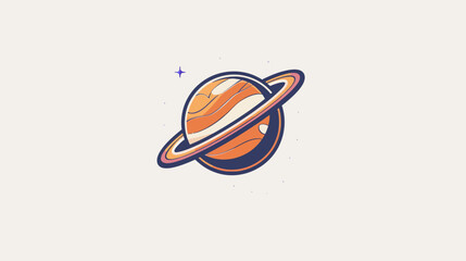 Stylized planet with colorful rings against a pale background, surrounded by dots and a star © Mangku