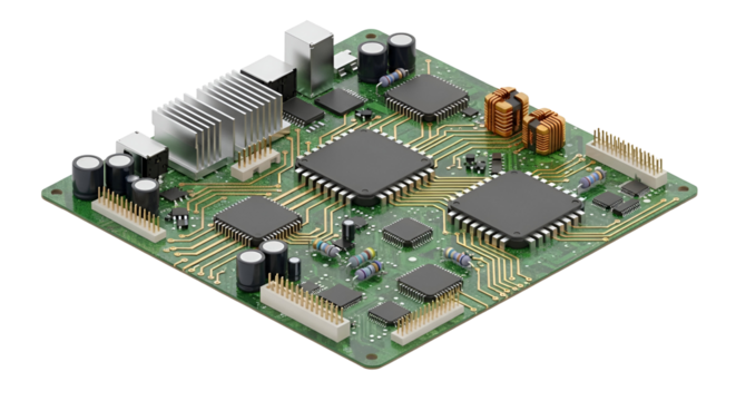 3d icon of closeup of a green circuit board with various electronic components isolated on transparent background