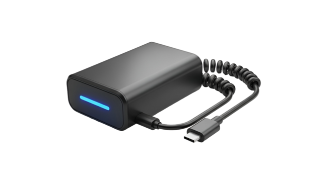 3d icon of black power bank with a coiled cable isolated on transparent background, perfect for charging your devices on the go