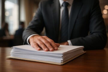 Confident Professional at Work: A poised individual, dressed impeccably in a suit and tie, rests a hand upon a stack of important documents, embodying professional authority. 