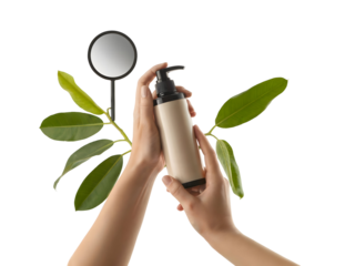 Human hands holding a blank beige cosmetic pump bottle, framed by fresh green foliage and a round mirror isolated on transparent background.