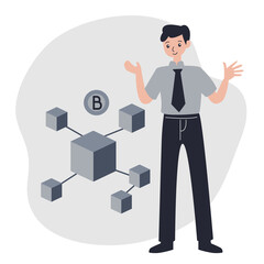 Man With Tie Explaining Blockchain Technology And Network Connections With Digital Blocks Connected In A Conceptual Illustration