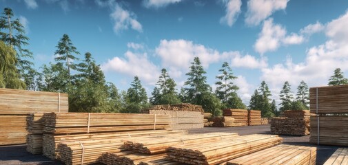 The Lumber Stacks at a Sunny Outdoor Timber Yard Near Pine Forest