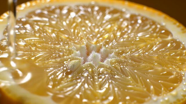Closeup of orange slice and water droplets.