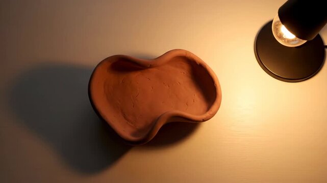 Minimalist still life with terra cotta bowl and lamp on neutral surface.