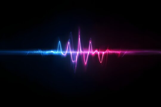 Vibrant neon sound wave visualization glowing with electric blue and magenta hues against a deep black background