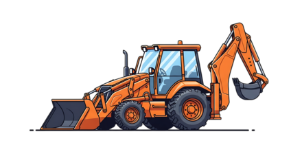 Illustration of orange backhoe loader with front loader and excavator arm, isolated on transparent background on transparent background