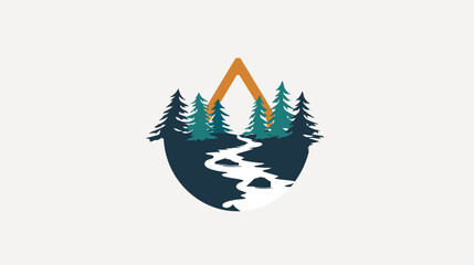 Stylized forest scene with river and geometric mountain peak