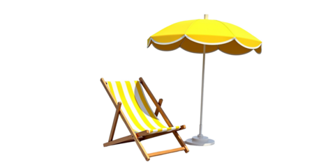 Summer vacation and relaxation concept with a yellow striped deck chair and sun umbrella isolated on transparent background