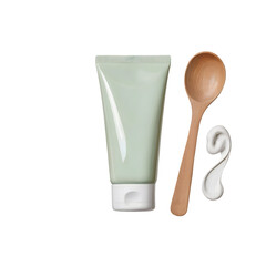 Pastel green cosmetic cream tube beside a wooden spoon and a swatch of white lotion isolated on transparent background