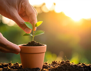 close-up a Hand planting small tree in clay pot with soft morning sunlight, eco lifestyle. Symbolic shot of sustainability and personal connection to nature.