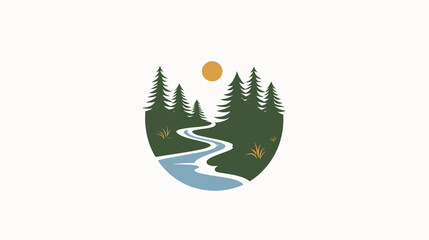 Stylized evergreen forest scene with winding river and sun