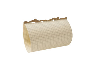 Rolled piece of old grid paper with a rough, torn top edge, ideal for representing memos, notes, and education isolated on transparent background