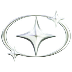 Silver Starburst Emblem with Orbiting Stars and Ellipse Isolated on Black Background Realistic Metallic Shine