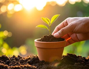 close-up a Hand planting small tree in clay pot with soft morning sunlight, eco lifestyle. Symbolic shot of sustainability and personal connection to nature.