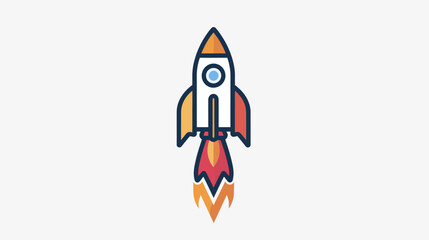 Stylized rocket with flame exhaust blasting off upwards against a white background