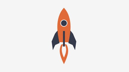 A minimalist, flat design orange rocket ship with dark gray fins and flame