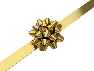 Shiny golden 3D gift bow and ribbon for holiday celebration, birthday, or anniversary packaging isolated on transparent background