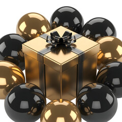 Shiny gold 3D gift box with a black ribbon surrounded by glossy black and metallic gold spheres isolated on transparent background
