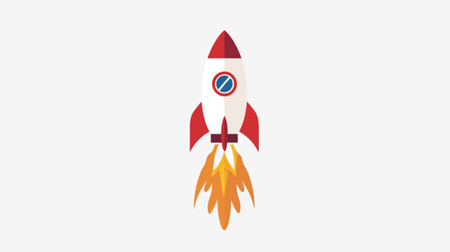 White rocket with red accents and blue circular emblem blasting off with orange flames