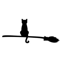 Logo con silueta de gato negro sentado en una escoba de bruja para su uso en felicitaciones y tarjetas de Halloween © teracreonte