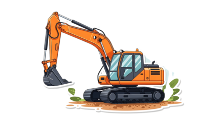 Illustration of orange excavator with a bucket digging into the ground, surrounded by dirt and leaves, isolated on transparent background on transparent background