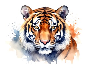 Obraz premium Close-up watercolor painting of a Bengal tiger's face, with artistic splashes