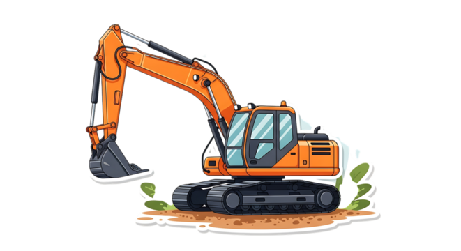 Illustration of orange excavator with a bucket digging into the ground, surrounded by dirt and leaves, isolated on transparent background on transparent background
