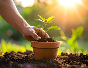 close-up a Hand planting small tree in clay pot with soft morning sunlight, eco lifestyle. Symbolic shot of sustainability and personal connection to nature.