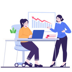 Two Businesswomen Collaborating at a Desk with a Presentation Chart Showing Downward Trend and Laptop on Transparent Background