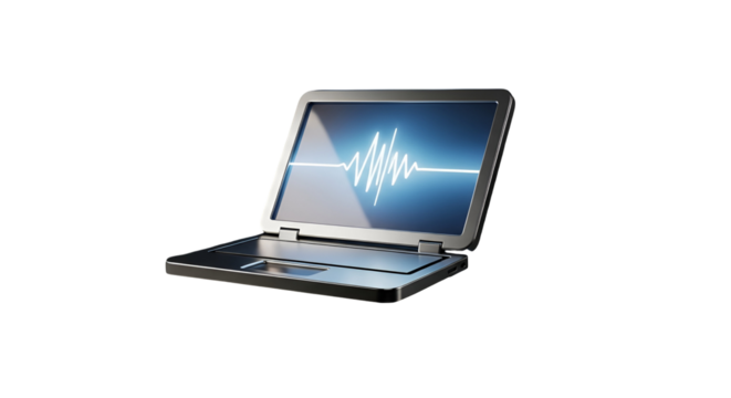 3d icon of laptop displaying a waveform on its screen, isolated on transparent background, representing data visualization and technology