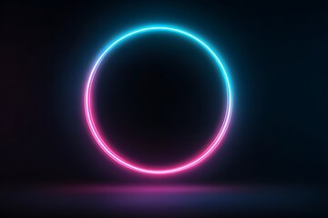 Obraz premium Vibrant neon oval ring illuminated with electric blue and pink hues against a deep dark background with subtle reflections