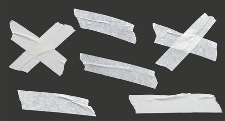 Set of white adhesive tape. Duct tape strip. Torn pieces of masking tap, scotch. Collection of realistic tape band. Design element, crumpled folded ribbon. Crossed White Masking Tape Pieces Vector kit