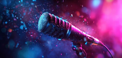 The Microphone in Neon Lights Capturing Energetic Concert Vibes and Colorful Confetti