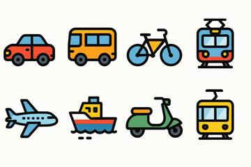 Colorful icon set of various transportation modes including car, bus, bicycle, and train