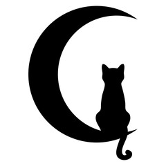 Logo con silueta de gato negro sentado en una luna creciente para su uso en felicitaciones y tarjetas de Halloween © teracreonte