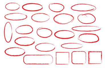 Collection of hand drawn red oval and rectangular shapes with rounded corners on a white background