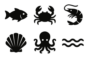 Fototapeta premium Marine animal silhouettes: fish, crab, shrimp, shell, octopus, waves