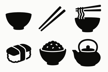 Silhouette icons: sushi, rice bowl, chopsticks, and teapot culinary elements