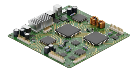 3d icon of closeup of a green circuit board with various electronic components isolated on transparent background